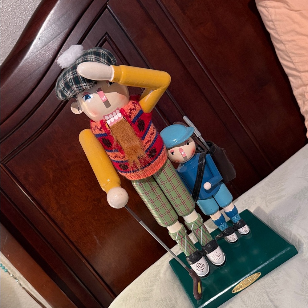 Plaid Golfing Nutcracker Figurine with Child. Great Condition!